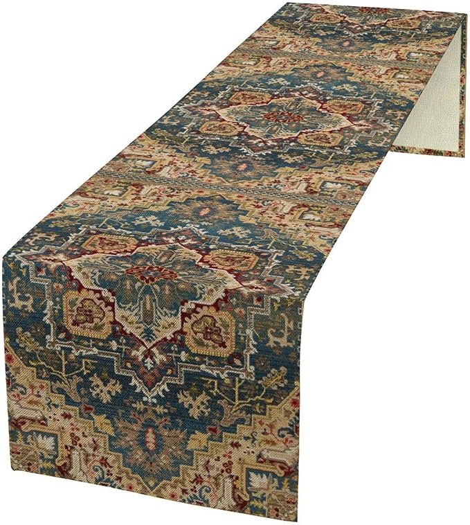Boho Bohemia Style Table Runner, Country Rustic Farmhouse Vintahe Colorful Geometry Print Table Runner for Home Kitchen Dinner Party Holiday Decor, 13x90inch