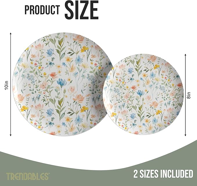 Trendables Heavy Duty Paper Plates Set For 16 Guests - 16 Each Of 8-inch And 10-inch Disposable Plates For Party - Fancy 32 Piece Dinnerware Set For All Occasions | Floral Design, Petite Fleur