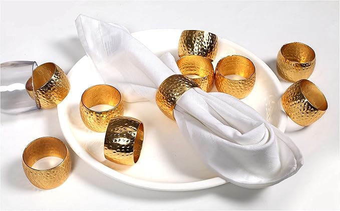 Metal Napkin Rings Set of 12 – Handmade Curved Napkin Holders in Shimmer Gold, Elegant Table Décor for Weddings, Dinner Parties, Family Gatherings & Everyday Use