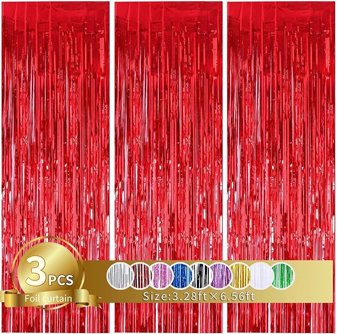3Pcs Red Metallic Tinsel Foil Fringe Curtains,3.28ft x 6.56ft Red Photo Booth Backdrop Streamer Curtain,Photo Booth Props,Ideal Bachelorette Party Supplies,Birthday, Christmas,New Year Decorations