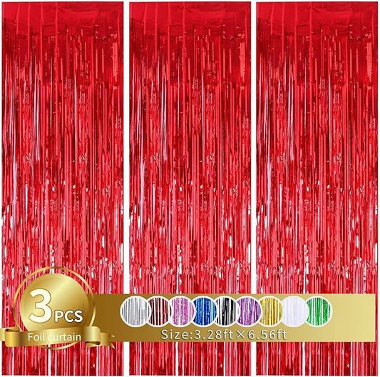 3Pcs Red Metallic Tinsel Foil Fringe Curtains,3.28ft x 6.56ft Red Photo Booth Backdrop Streamer Curtain,Photo Booth Props,Ideal Bachelorette Party Supplies,Birthday, Christmas,New Year Decorations