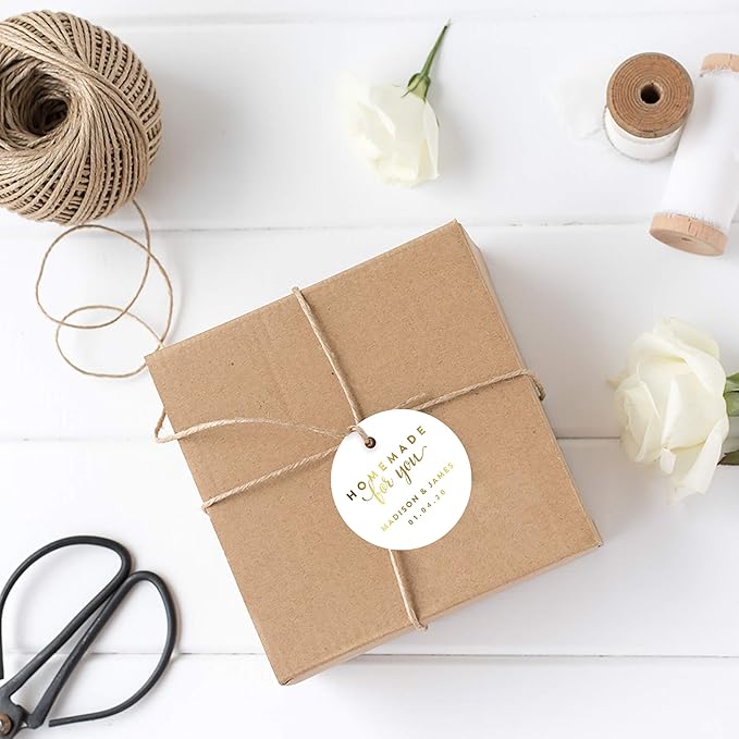 Andaz Press Personalized Round Circle Wedding Gift Tags, Metallic Gold Ink, Homemade for You, 24-Pack, Custom Made Any Name, Gold Party Supplies