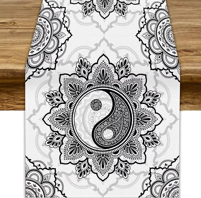 Yin Yang Table Runner, Bohemian Mandala Vintage Black White Traditional Oriental Floral Print Table Runner for Home Kitchen Dining Table Wedding Party Decor, 13x120inch