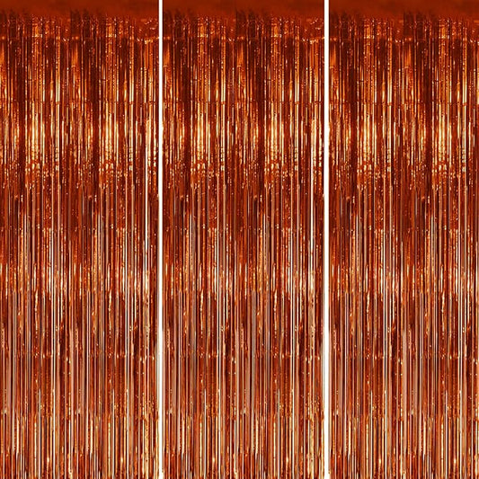 3 Pack Foil Fringe Backdrop - Bronze Shiny Tinsel Curtains for Party Decoration/Photo Booth Props - 3.3x8.2 FT Metallic Foil Backdrop for Birthday, Wedding, Graduation, Christmas.