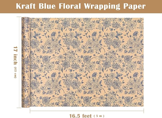 WRAPAHOLIC Kraft Blue Floral Wrapping Paper - Mini Roll - 17 Inch x 16.5 Feet - Vintage Blue Toile De Jouy Flower Wrapping Paper Perfect for Wedding, Birthday, Bridal Shower, Tea Party