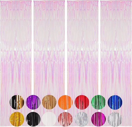 4 Pack Iridescent Transparent Foil Fringe Backdrop Curtains, Tinsel Streamers Birthday Party Decorations, Fringe Backdrop for Graduation, Baby Shower, Gender Reveal, Disco Party