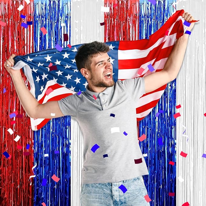 6 Pack White Blue Red Foil Fringe Curtain Backdrop, 3.28Ft x 8.2Ft Metallic Tinsel Foil Fringe Streamer Curtains for Photo Booth, Birthday, Wedding, New Year Party Decorations