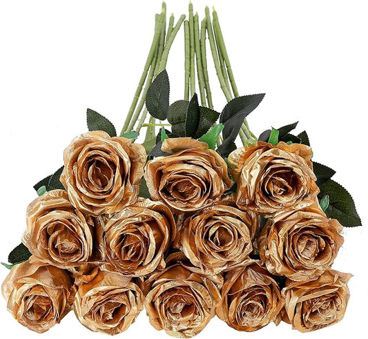 Tifuly Gold Roses Artificial Flowers -12Pcs Realistic Single Long Stem Fake Silk Roses Bouquet for Party Home Wedding Centerpiece Hotel Office Decor