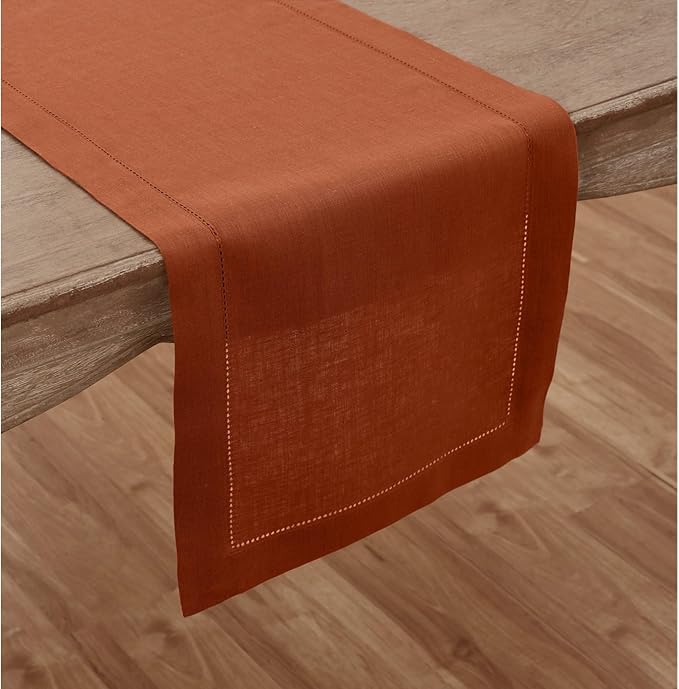 Solino Home Linen Table Runner 108 Inches Long - 100% Pure Linen Cinnamon Table Runner 14 x 108 Inch for Fall, Autumn, Halloween, Thanksgiving - Classic Hemstitch