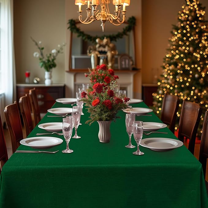 Fitable 2 Pack Faux Linen Christmas Tablecloths, Burlap Textured Table Cloth Rectangle, Decorative Table Covers for Winter Holiday Kitchen Dining Party Farmhouse (Hunter Green, 60 x 120 Inch)