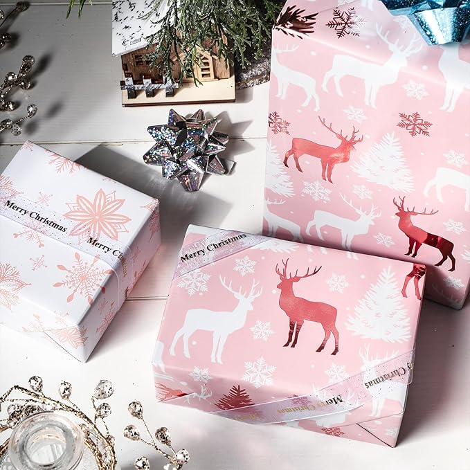 LeZakaa Christmas Pink Wrapping Paper Jumbo Roll, Reindeer & Snowflake, Metallic Foil, Rose Gold Foil Reversible Design for Festive Winter Holiday, Family Gathering, 30 inches x 32.8 Feet