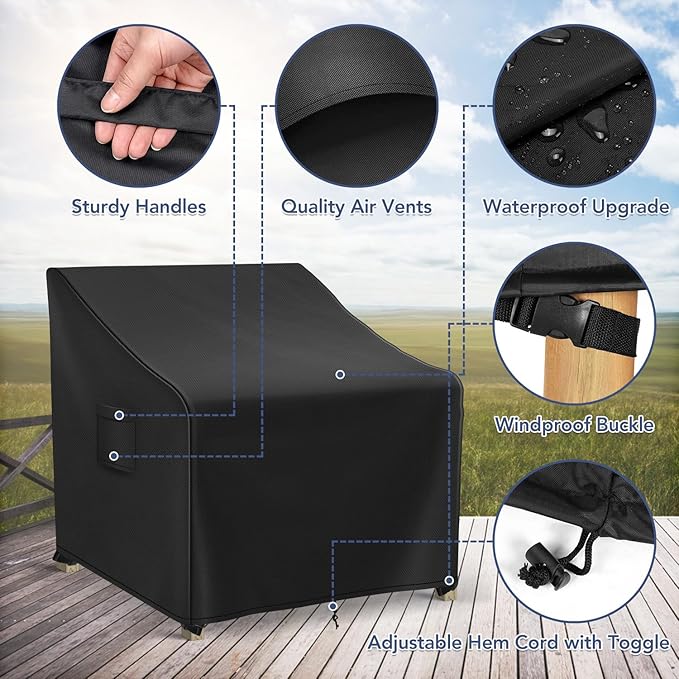 Patio Furniture Covers Waterproof for Chairs, Lawn Outdoor Chair Covers 2 Pack, Patio Chair Covers for Outdoor Furniture Fits up to 37W x 40D x 30H inches, Black