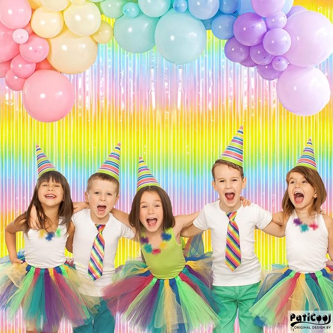 Easter Decorations Pastel Rainbow Streamers - Thicken 4 Pack 3.2 x 8.2 FT - Pastel Rainbow Foil Fringe Curtains, Pastel Backdrop for Birthday, Baby Shower, Spring Party Decorations