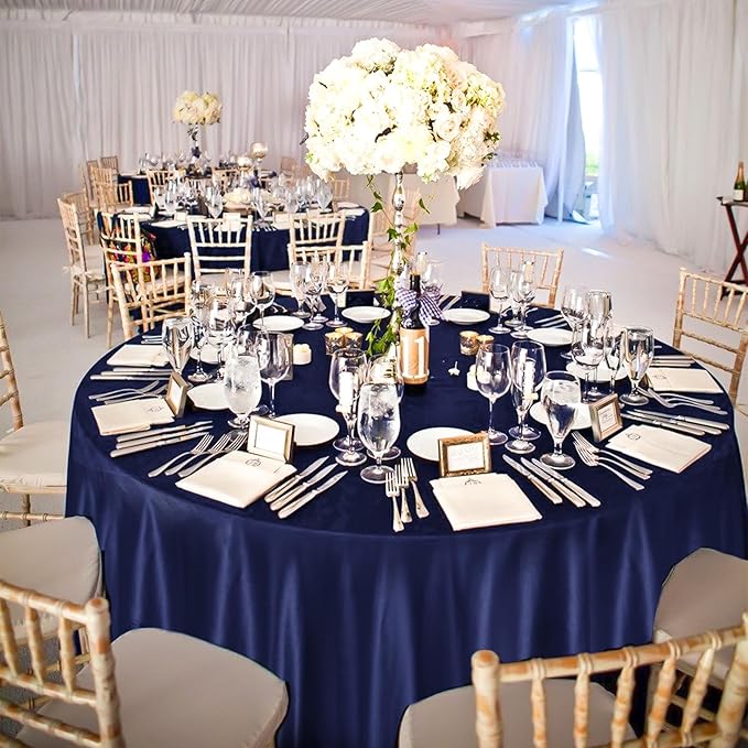 fani 12 Pack 120 Inch Navy Blue Satin Tablecloth - Premium Bright Silky Round Tablecloth Overlay Smooth Fabric Table Cover, Table Decoration for Wedding Party Banquet Events Restaurant Kitchen Dining