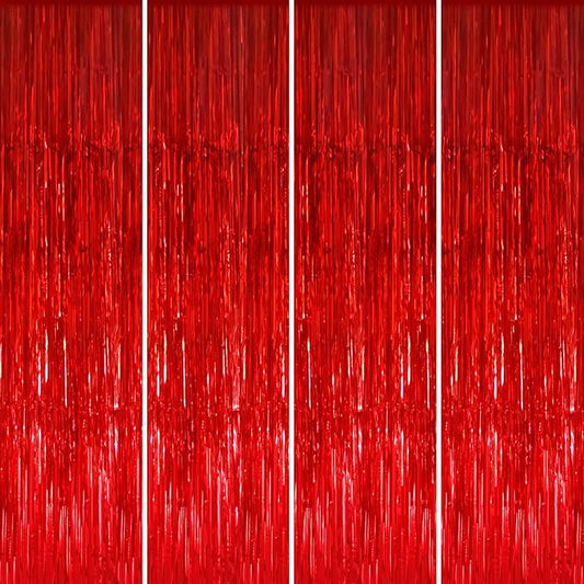 GOER 3.2 ft x 8.2 ft Metallic Tinsel Foil Fringe Curtains Party Photo Backdrop Party Streamers for Birthday,Graduation,New Year Eve Decorations Wedding Decor (4 Packs,Red)
