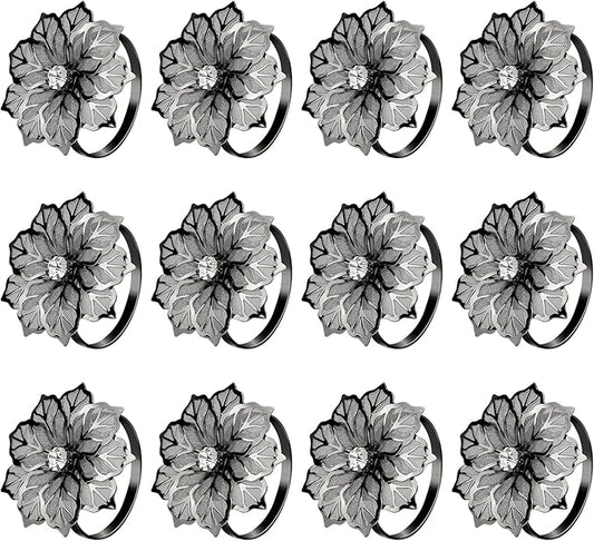 KPOSIYA Flower Napkin Rings Holder Metal Black Napkin Rings Set of 6 for Wedding Party Holiday Banquet Christmas Dinner Delicate Serviette Buckles Decor Favor (6, Black)