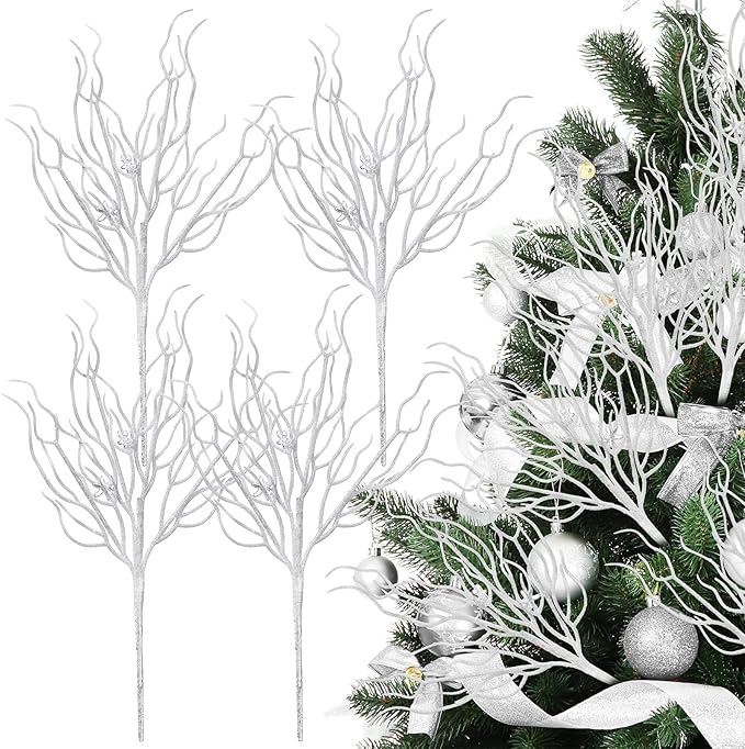 8 Pcs White Coastal Ornaments for Christmas Tree 15.7inch Glitter Coral Beach Ocean Spray Pick Branch Christmas Tree Topper Decorations Filler Twigs for Xmas Vase Wreaths Gift