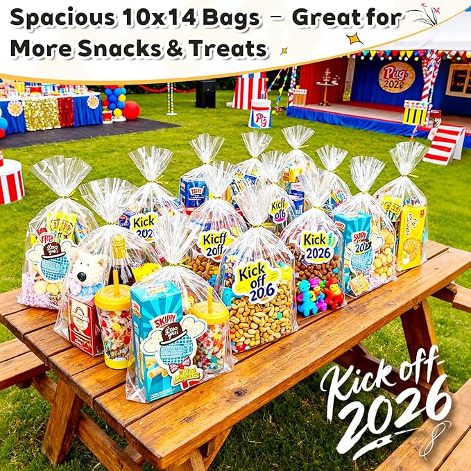 PigPotParty 10"x 14", 50Pcs Bottom Gusset Bags, Clear Plastic Gift Cellophane Mug Treat Goodie Bags with 50x Twist Ties, Large Party Favor Packaging, Toy Wrapping (No Side Gusset)