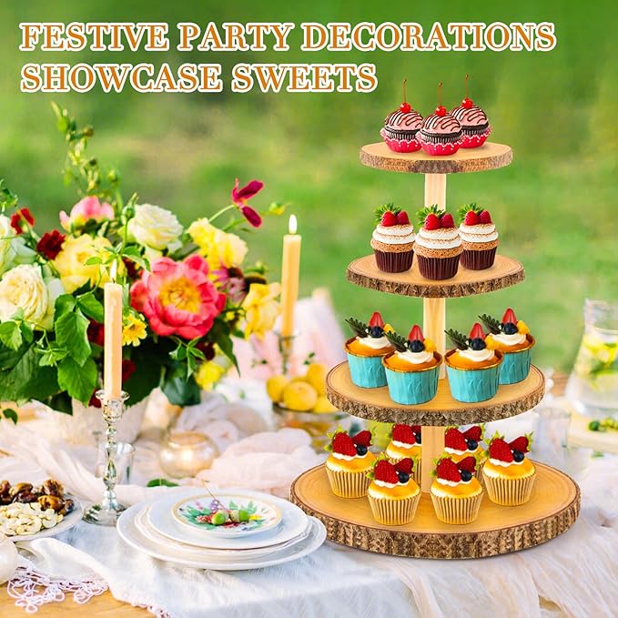 Cupcake Stand Wood Dessert Stands 4 Tier Wooden Cupcake Stand - Large Capacity, Bark-Covered, Varnished, Multi-Functional for Weddings, Baby Showers, and Parties.