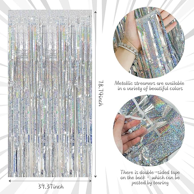 Tinsel Curtain Party Backdrop Silver Birthday Decorations 10 Packs Glitter Foil Fringe Curtain Party Decor Streamers Photo Booth for Birthday Christmas Wedding Halloween Graduation Decorations