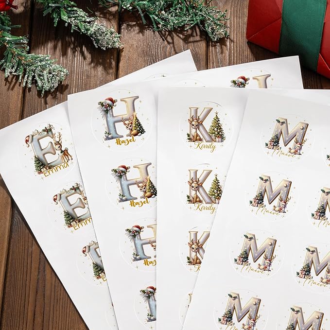 CALLIE Personalized Christmas Gift Tags with Initial and Name, Golden Reindeer Waterproof Label Stickers for Wrapping Paper Presents, Christmas Decorations Gift for Family Friend