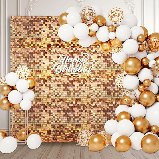 24PCS Champagne Shimmer Wall Backdrop, Laser Square Sequin Photo Backdrops Panel, Glitter Wall Background for Birthdays, Weddings, Christmas, Engagements, Disco Bachelorette Party Decoration (4FTx6FT)