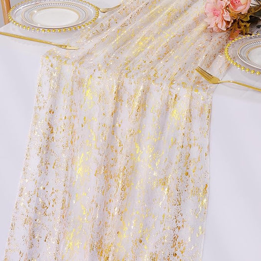 LOMOHOO 10 Ft Gold Table Runner, Golden Sheer Sequin Table Runners 120 Inches Long Glitter Metallic Foil Lace Fabric Table Decor for Birthday Party Wedding Anniversary Centerpiece (2pcs)