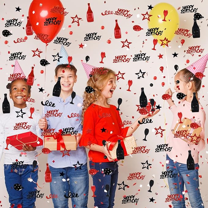 Red and Black Happy Birthday Confetti, 3000 Pcs Birthday Cake Table Metallic Foil Confetti Party Table Decor for Party, Baby Shower, DIY Arts and Crafting