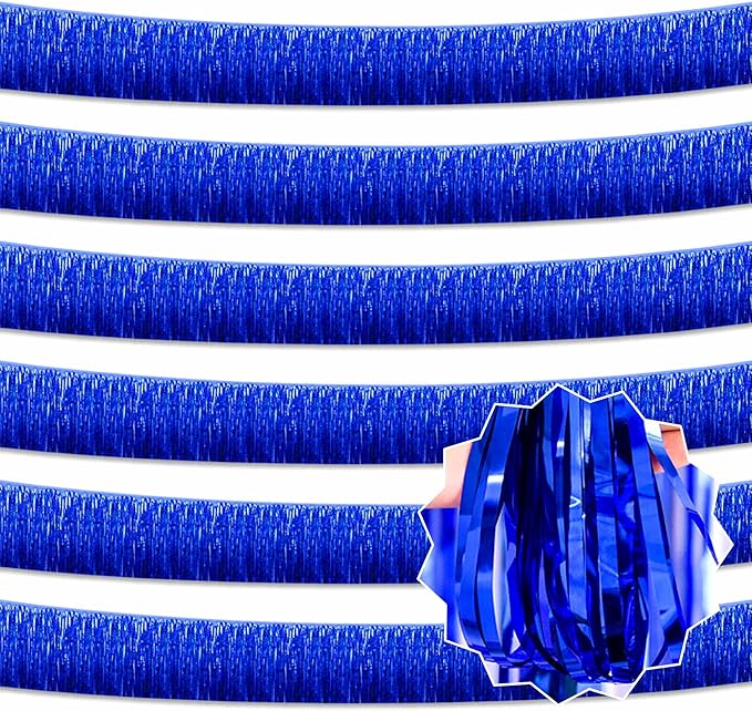 6 Pack 10 Ft Blue Foil Fringe Garland Metallic Streamers Tinsel Banner Wall Hanging Garland Backdrop for Parade Floats, Halloween, Christmas, Thanksgiving, New Year Party Decorations