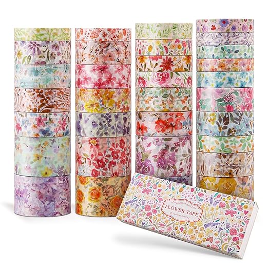 32 Rolls Washi Tape Set, Colored Floral Decorative Masking Tape, Artists Tapes for Junk Journal, Journaling, DIY Craft Projects, Scrapbooking Supplies Decor
