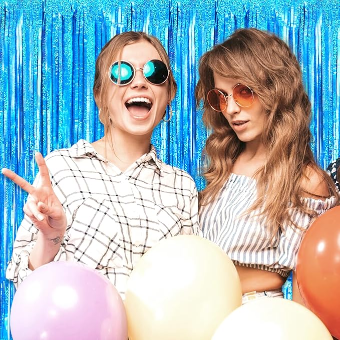 6 Pack Lake Blue Foil Fringe Curtain Backdrop, 3.28Ft x 8.2Ft Metallic Tinsel Foil Fringe Streamer Curtains for Photo Booth, Birthday, Wedding, New Year Party Decorations