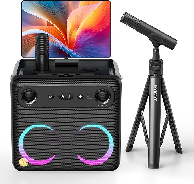 Ikarao Karaoke Machine with Microphone Stand, Portable Bluetooth Speaker for Party, Backyard, Karaoke System with 2 Wireless Microphone for Adults Kids, for Women, Men, Singing Lovers