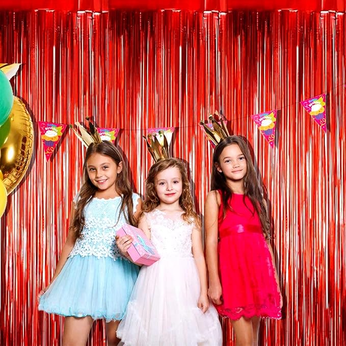 4 Pack Red Foil Fringe Curtain Backdrop, 3.28Ft x 8.2Ft Metallic Tinsel Foil Fringe Streamer for Party, Photo Booth Props, Birthday, 2022 Mother's Day Decoration Party Supplies