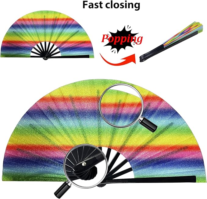 13'' Large Glitter Rave Fan Folding Hand Fans for Men Women Line Dancing Portable Handheld Clack Fan for Festival EDM Party Music Outfit Accessories