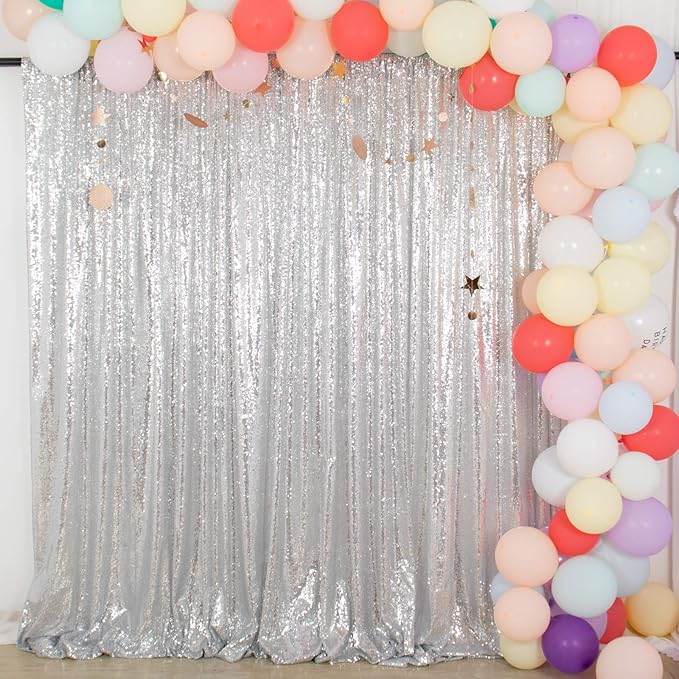 ShinyBeauty Silver Backdrops 2 Pieces Sequin Curtains 4FTx7FT Photoshoot Background Shimmer Backdrop Curtain Panels Sparkle Backdrop for Birthday,Wedding,Party Studio Decor(8FTX7FT)