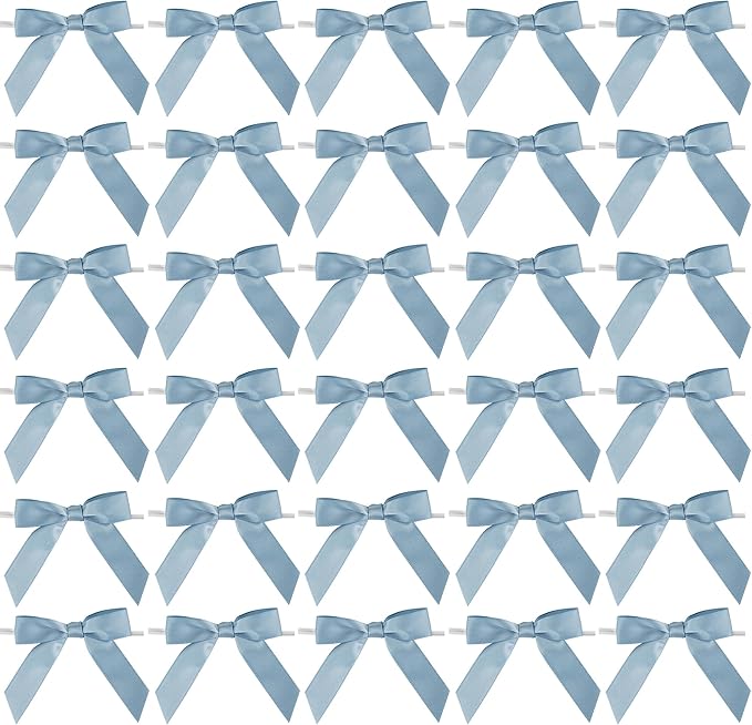 AIMUDI Dusty Blue Bows for Gift Wrapping Premade Satin Bows for Wedding Decor Pre Tied Twist Tie Bows Small Bows for Crafts Treat Bags Cake Pop Party Favors - 50 Counts