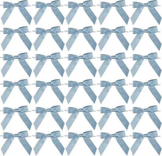 AIMUDI Dusty Blue Bows for Gift Wrapping Premade Satin Bows for Wedding Decor Pre Tied Twist Tie Bows Small Bows for Crafts Treat Bags Cake Pop Party Favors - 50 Counts