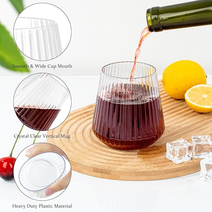 36 Pcs 12 oz Plastic Ribbed Wine Glasses, Reusable Champagne Glasses Elegant Whiskey Glasses Ideal for Weddings, Bars, Christmas, Halloween,Holidays,pool party,Daily Use
