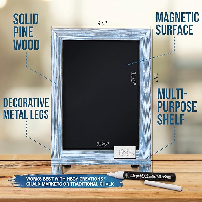 HBCY Creations Rustic Blue Wood Tabletop Chalkboard with Legs/Vintage Wedding Table Sign/Small Kitchen Countertop Memo Board/Antique Wooden Frame (9.5” x 14” Inches) (Rustic Blue)