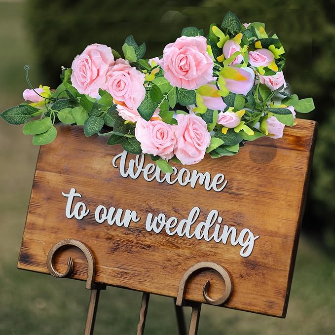 Sggvecsy 4Pcs 31Ft Artificial Rose Vine Fake Flower Garland Floral Garland Faux Silk Hanging Vine Rose Ivy Vines for Wedding Arch Party Wall Garden Ceremony Background Outdoor Decor (Pink)