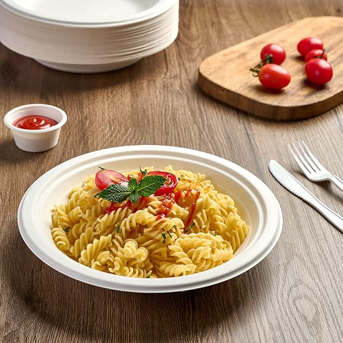 ECOLipak 125 Pack Paper Plates 9 inch 100% Compostable Heavy-Duty Dinner Plates Disposable Bagasse Deep Dish Natural Biodegradable Eco-Friendly Sugarcane(White)