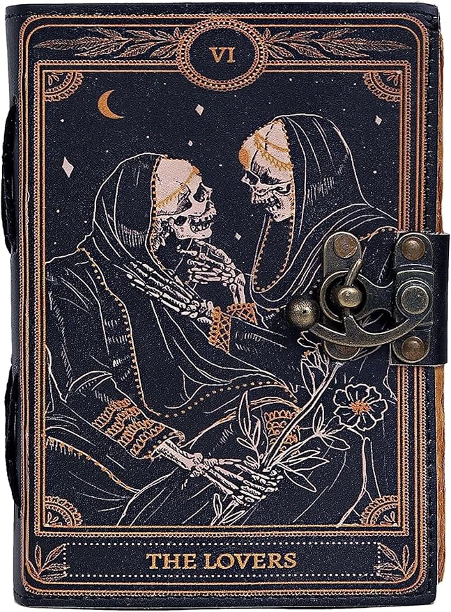 C CUERO Book of Spells Leather Journal Deckle Edge Paper Grimoire Printed Journal The Lovers Tarot Notebook Spiral Gothic Notebook Skull lover Antique Vintage Leather Journals for Men and Women (6 * 8