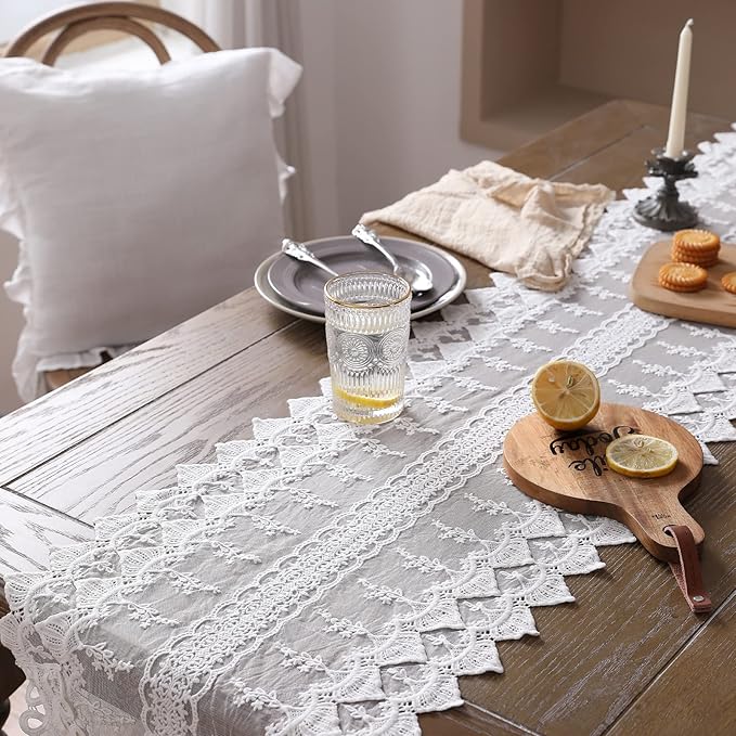 patdrea Designer Vintage White Lace Table Runner,Crochet Decorative Table Covers,Chiffon Embroidered Tasseled Table Runners, Cutwork Dresser Runners,Christmas Wedding Party Bridal 16x87 Inches Long