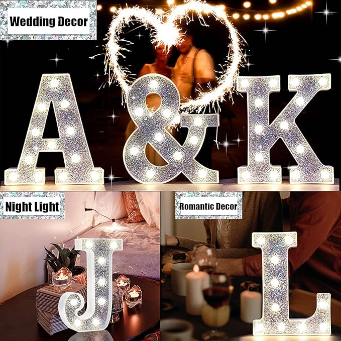 Pooqla Light Up Letters, LED Marquee Letters for Silver Birthday Decorations, Battery Powered Night Light Teenager Girl Room Decor, Gift for Girls Boys Wedding Bedroom Christmas Party Decor, Letter E