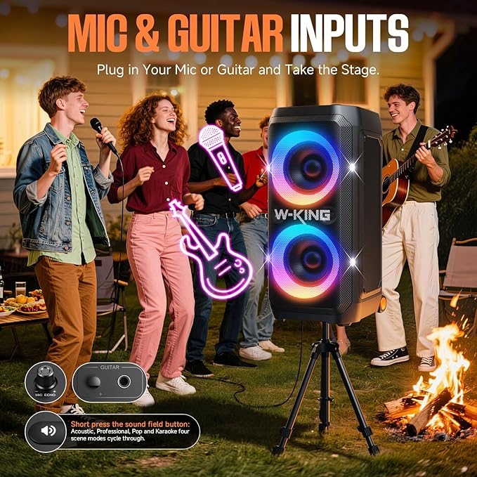 W-KING Portable Speaker Bluetooth Partybox Loud, 370W MAX Pro Sound, Deepest Bass,Large Outdoor Boom Box Wireless,Telescopic Handle&Sturdy Wheels, 25H, Futuristic Light,CSB,MIC&Guitar in,Fast Charge