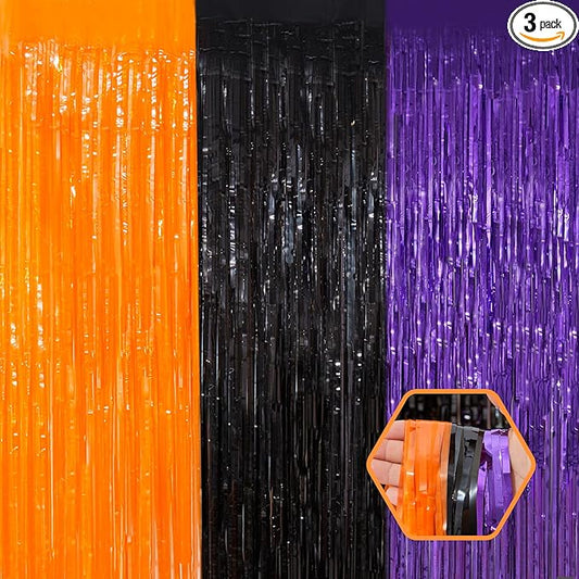 3 Pack Orange Purple Black Tinsel Foil Fringe Curtains, Halloween Photo Backdrop Streamers for Birthday Anniversary Party Decoration