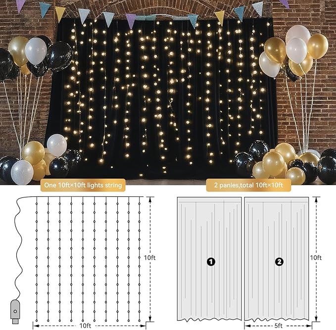 10×10ft Tulle Backdrop Curtains with Lights String - 300LED Fairy Lights Sheer Curtain Backdrop for Weddings Baby Shower and Birthday Party Decorations(6 Panels 5×10ft)