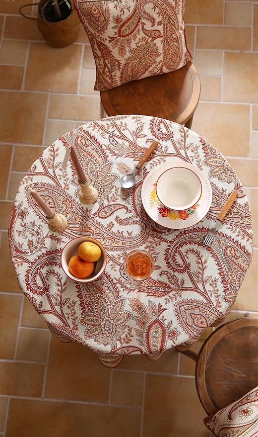ISAENNE Designer French Red Round Tablecloth,Fall Linen Table Cloth with Cashew Pattern,Stain Proof Decor Tablecloths for Dining Thanksgiving Kitchen Christmas,Diameter 67"-Chauffrey D