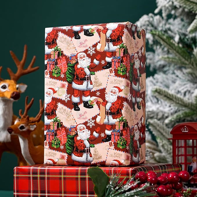 Ulmasinn Reversible Christmas Wrapping Paper Roll - 17" x33ft Double-Sided Designs with Santa and postcard & Plaid for Xmas Gift Wrap for Presents, Table Decor & Crafting