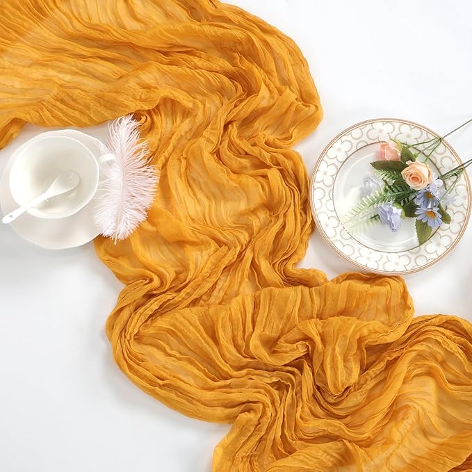6 Pack Gold Cheesecloth Table Runner 10ft Boho Gauze Fabric Cheese Cloth Table Runner 35 x 120 Inch Rustic Sheer Runner for Romantic Wedding Decor Baby Shower Party Table Centerpiece Decoration